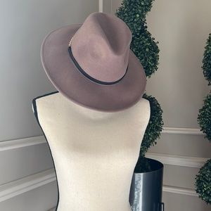 BCBGmaxazria brown hat with black leather and gold chain detail